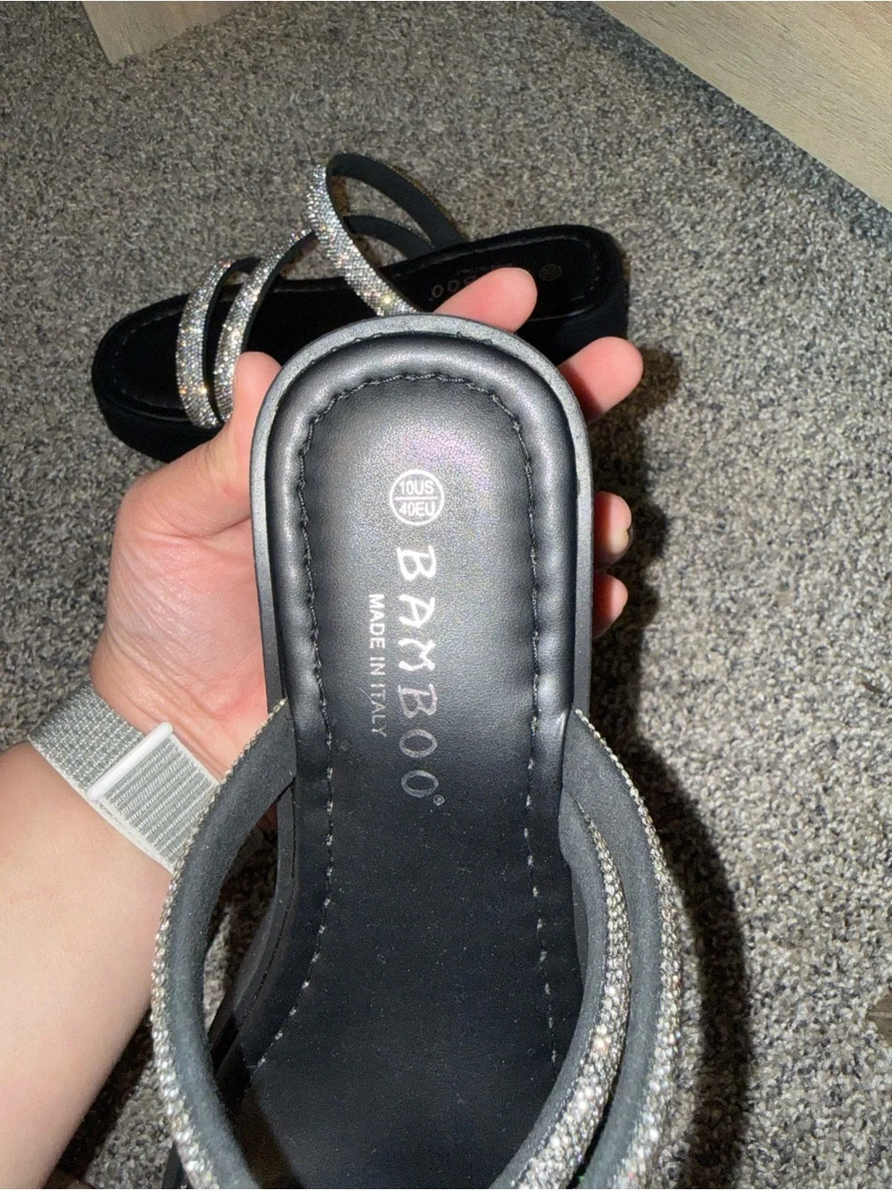 NWOB Bamboo Black Platform Sandals with Sparkling Silver Straps